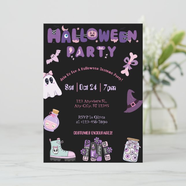 Rosa und Lila Halloween-Party Niedlicher Geist und Einladung (Stehend Vorderseite)