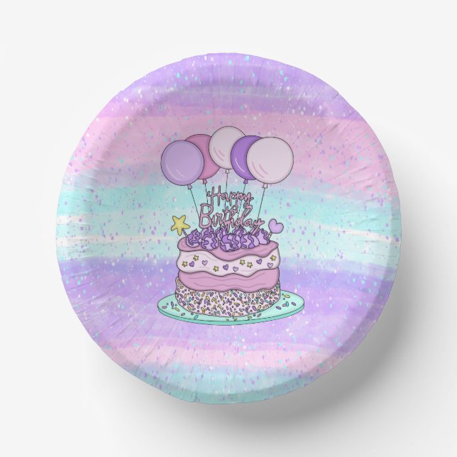Rosa und Lila Happy Birthday Party Pappteller (Vorderseite)