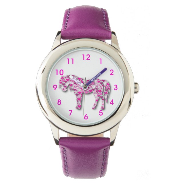 Rosa und Lila Herzpony Armbanduhr (Vorderseite)