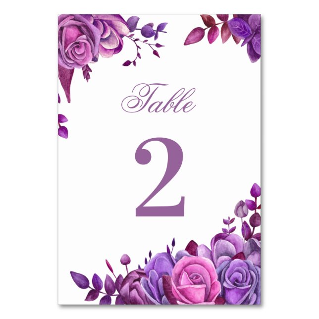 Rosa und lila Hochzeit. Aquarelllila Tischnummer (Vorderseite)
