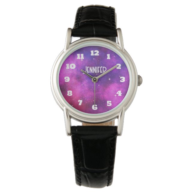 Rosa und Lila Imitate "Space & Stars" Galaxie Armbanduhr (Vorderseite)