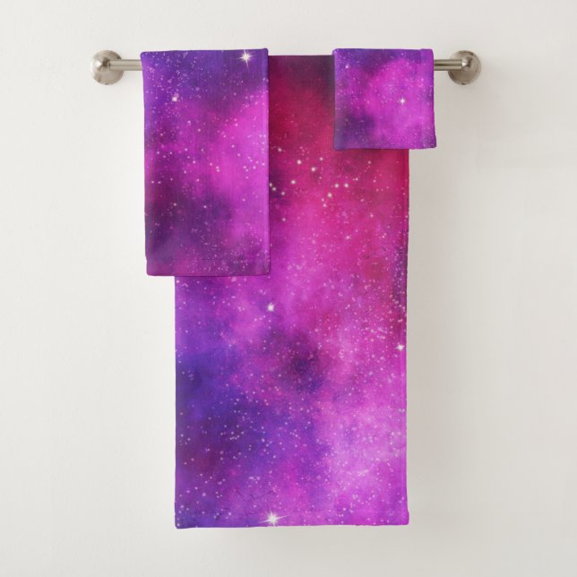 Rosa und Lila Imitate "Space & Stars" Galaxie Badhandtuch Set (Insitu)