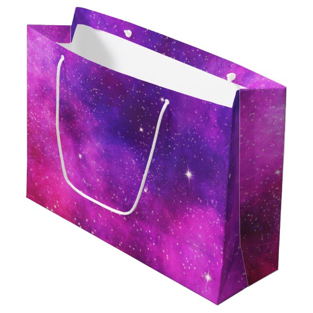 Rosa und Lila Imitate "Space & Stars" Galaxie Große Geschenktüte (Vorderseite Schrägansicht)