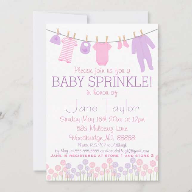 Rosa und Lila Kleine Kleidung Baby Sprinkle Einladung (Vorderseite)