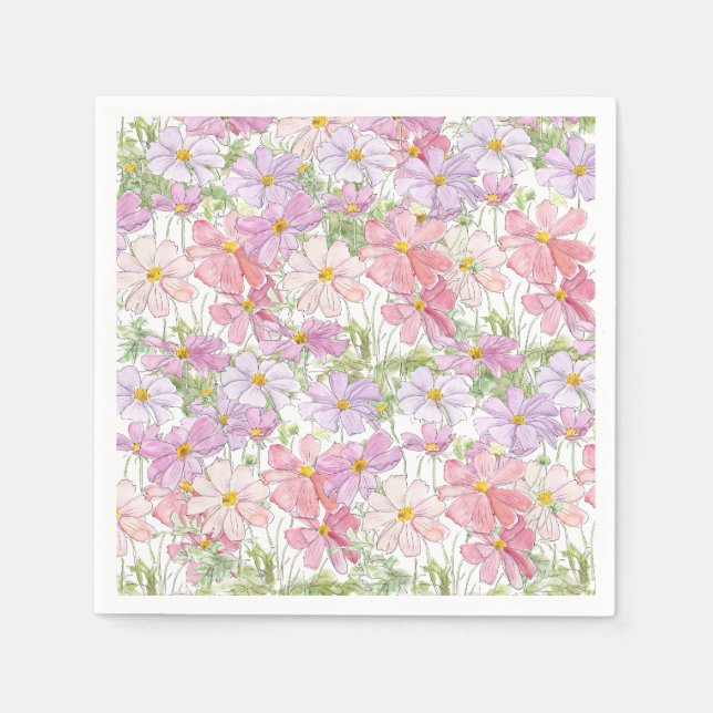 Rosa und lila Kosmos Blume Malerei Serviette (Vorderseite)