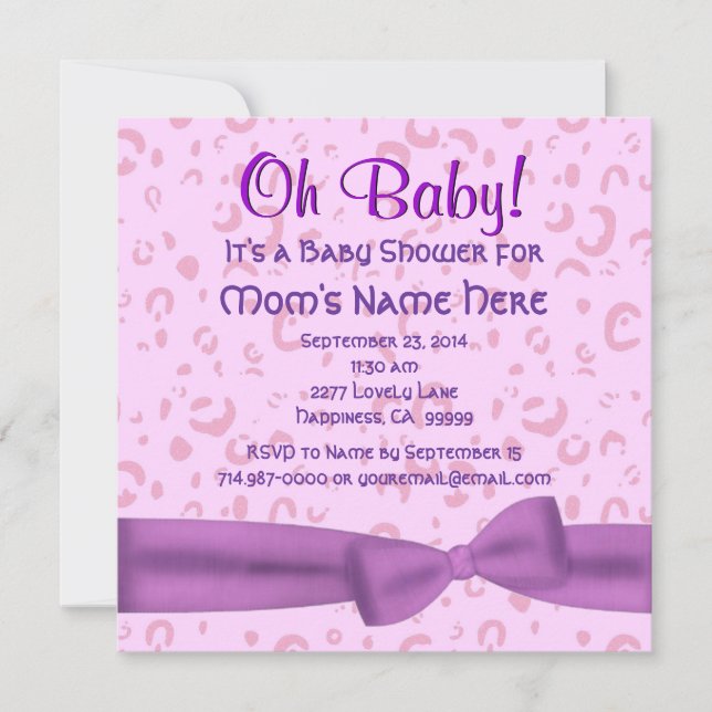 Rosa und Lila Leopard Imitate Bow Baby Girl Dusche Einladung (Vorderseite)