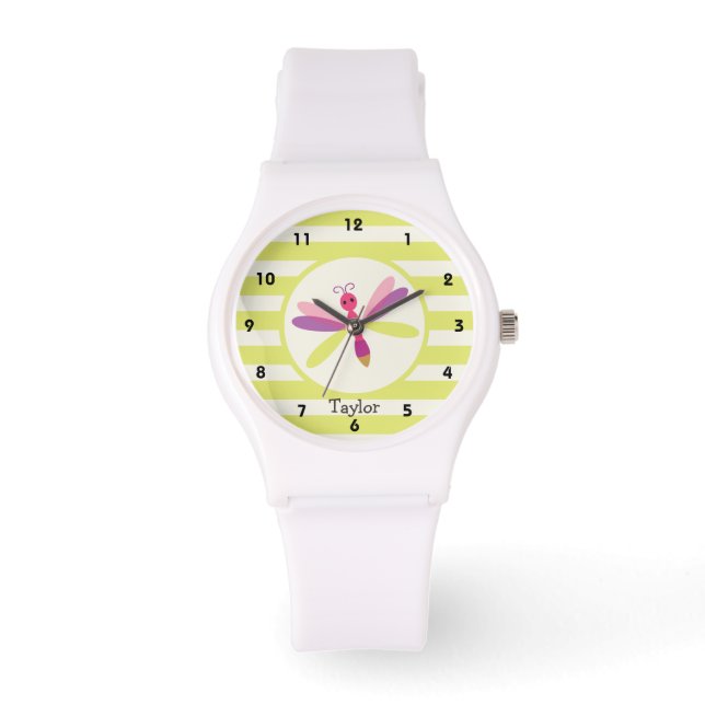 Rosa und Lila Libelle auf Kalkgrün Streifen Armbanduhr (Vorderseite)