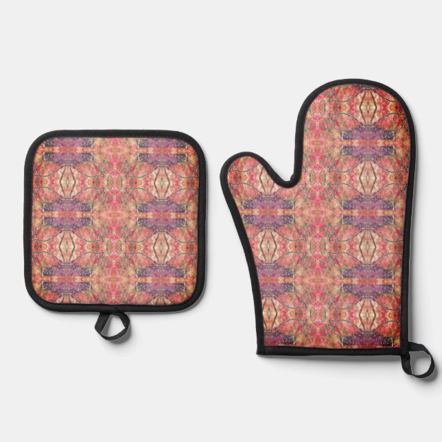 Rosa und Lila Muster Ofenhandschuh & Topflappen-Set (Vorderseite)