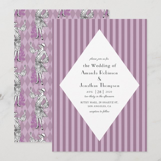 Rosa und Lila Pariser Art Déco Hochzeit Einladung (Vorne/Hinten)
