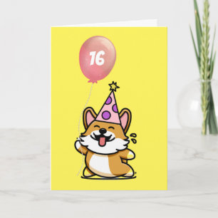 Rosa und lila Partyhut Corgi 16. Geburtstag Karte