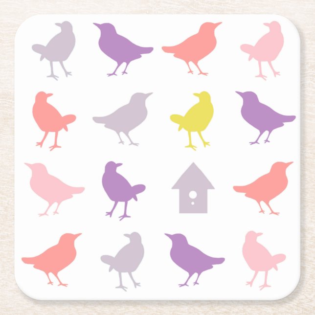 Rosa und Lila Pastellvögel mit Birdhouse Rechteckiger Pappuntersetzer (Vorderseite)