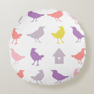 Rosa und Lila Pastellvögel mit Birdhouse Rundes Kissen