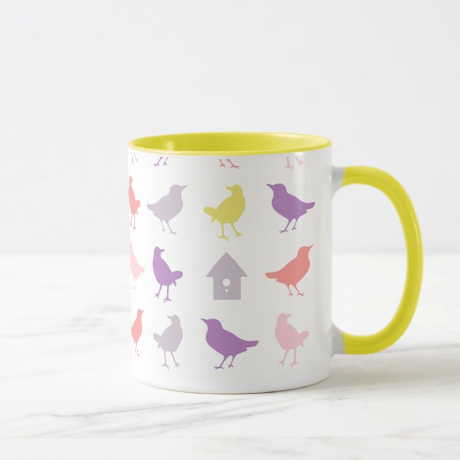 Rosa und Lila Pastellvögel mit Birdhouse Tasse (Rechts)