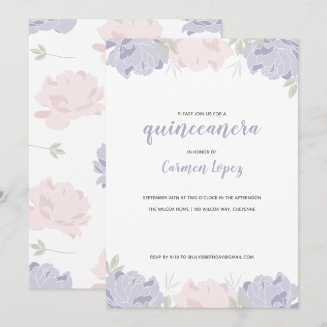 Rosa und Lila Peonies Quinceanera Party Einladung (Vorne/Hinten)