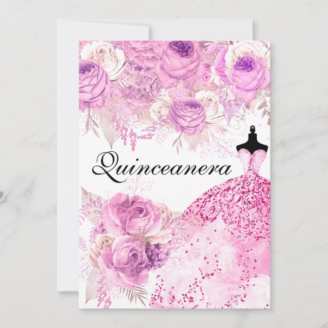 Rosa und Lila Rose Dress Quinceanera laden Einladung (Vorderseite)
