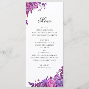 Rosa und lila Rose. Hochzeit mit Blumen Menükarte