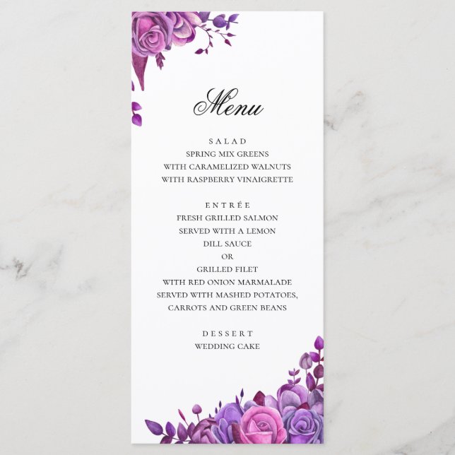 Rosa und lila Rose. Hochzeit mit Blumen Menükarte (Vorderseite)