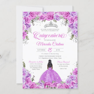 Rosa und Lila Rose & Silver Tiara Quinceanera Einladung