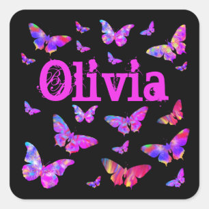 Rosa und Lila Schmetterling Pop Art Olivia Wählen Quadratischer Aufkleber