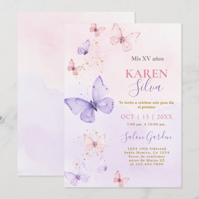 Rosa und Lila Schmetterlinge Quinceañera Einladung (Vorne/Hinten)