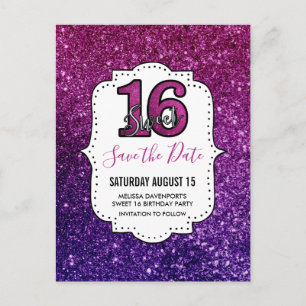 Rosa und Lila süß 16 Sparkling Save the Date Postkarte