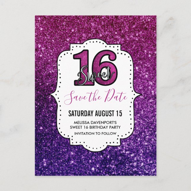 Rosa und Lila süß 16 Sparkling Save the Date Postkarte (Vorderseite)