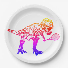 Rosa und Lila T-Rex Dinosaur Tennis Player Pappteller