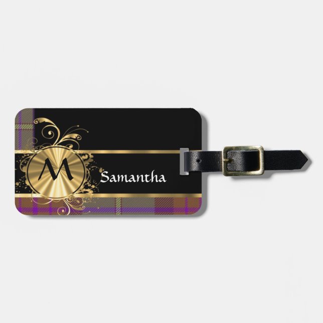 Rosa und lila Tartan und Monogramm Gepäckanhänger (Vorderseite horizontal)