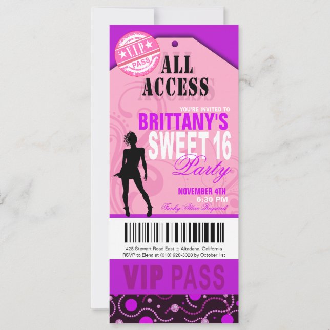 Rosa und Lila VIP Sweet 16 Ticket Party Einladung (Vorderseite)