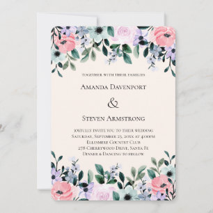 Rosa und lila Wasserfarben Blumenrand Hochzeit Einladung