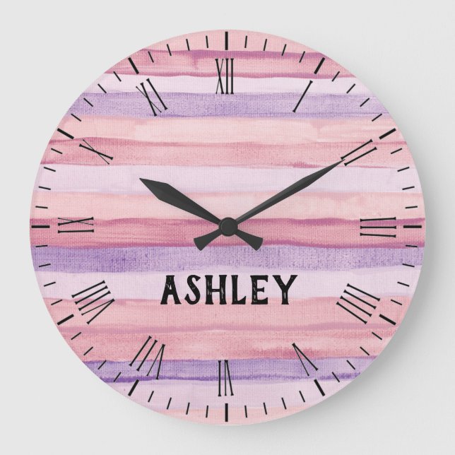 Rosa und Lila Wasserfarben Streifen Personalisiert Große Wanduhr (Vorderseite)
