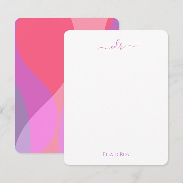 Rosa und Lila Waves Mit Monogramm Note Card Mitteilungskarte (Vorne/Hinten)
