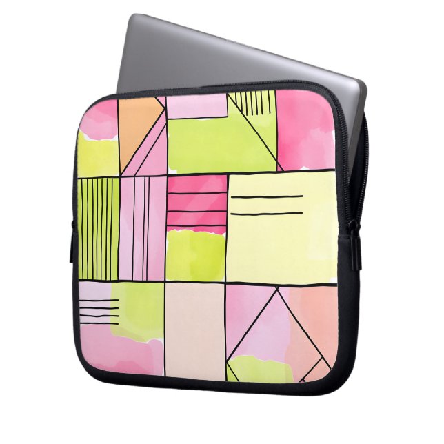 Rosa und Limettengrün Patchwork abstrakt Laptopschutzhülle (Vorderseite Links)