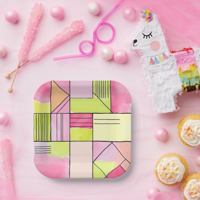 Rosa und Limettengrün Patchwork-Abstrakt Pappteller (Party)