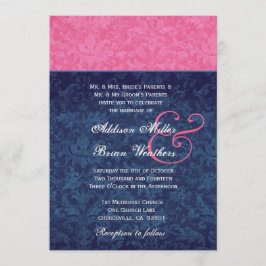 Rosa-und Marine-Blau-Damast Wedding metallisch Einladung