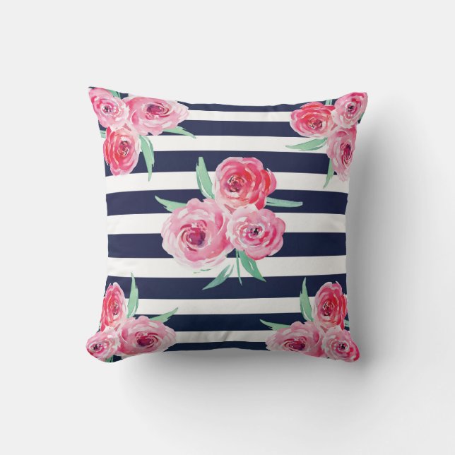 Rosa- und Marineblau Blumenkissen Kissen (Vorderseite)