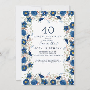 Rosa und marineblaue Blumen Blaues Kranz 40. Gebur Einladung