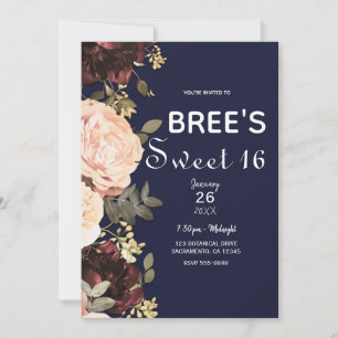 Rosa und marineblaue Blumen Grünelementen Sweet 16 Einladung