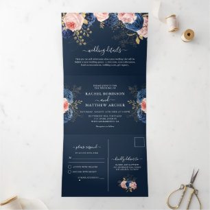 Rosa und marineblaue Florals Elegante Hochzeit Dreifach Gefaltete Einladung
