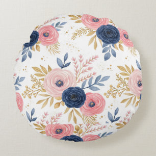 Rosa und marineblaues Blumengeschenkpapier Rundes Kissen