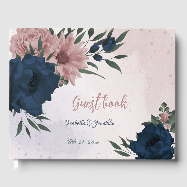 Rosa- und Marinehochzeit Blume Gästebuch (Vorderseite)