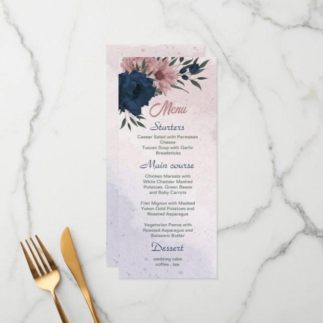 Rosa- und Marinehochzeit Blume Menükarte (Vorderseite/Rückseite Beispiel)
