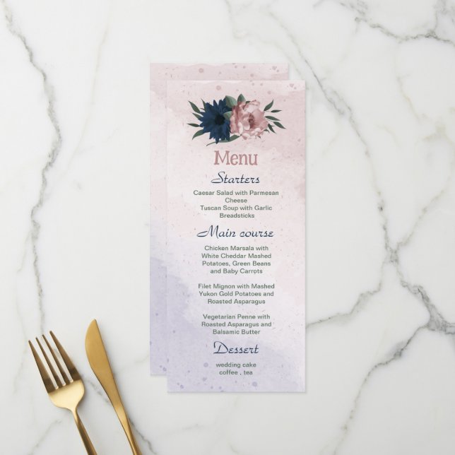 Rosa- und Marinehochzeit Blume Menükarte (Vorderseite/Rückseite Beispiel)