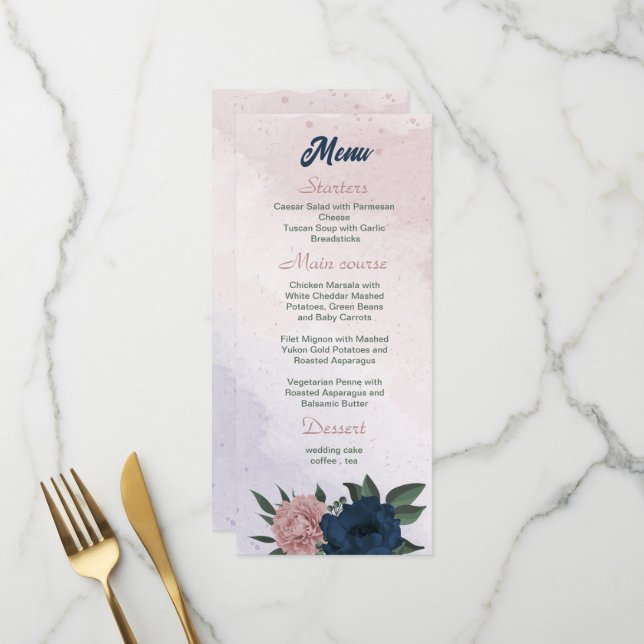 Rosa- und Marinehochzeit Blume Menükarte (Vorderseite/Rückseite Beispiel)