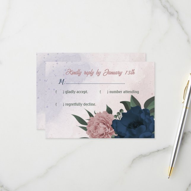 Rosa- und Marinehochzeit Blume RSVP Karte (Vorderseite/Rückseite Beispiel)
