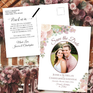 Rosa und Mauve Blumen-Foto-Hochzeit 'Datum merken' Ankündigungspostkarte