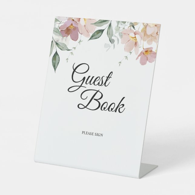 Rosa und Mauve Vintages BlumenGästebuch Sockelschild (Vorderseite)