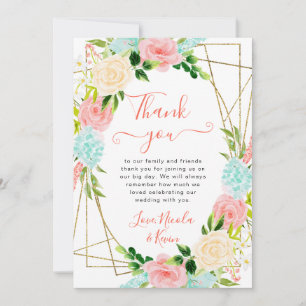 Rosa und Mint Blumen Goldrahmen Hochzeit Dankeskarte
