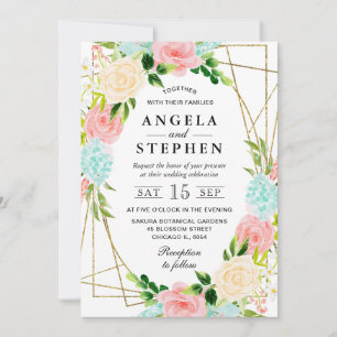 Rosa und Mint Blumen Goldrahmen Hochzeit Einladung