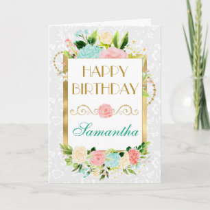 Rosa und Mint Sommerblumen Goldfolie Geburtstag Karte